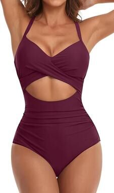 New Eomenie Wine Red One Piece Tummy Control Swim Bathing Suit Womens Size Large